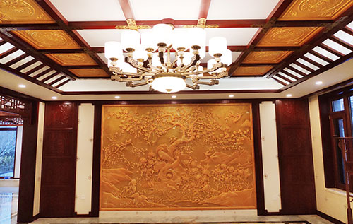 和县中式别墅客厅中式木作横梁吊顶装饰展示